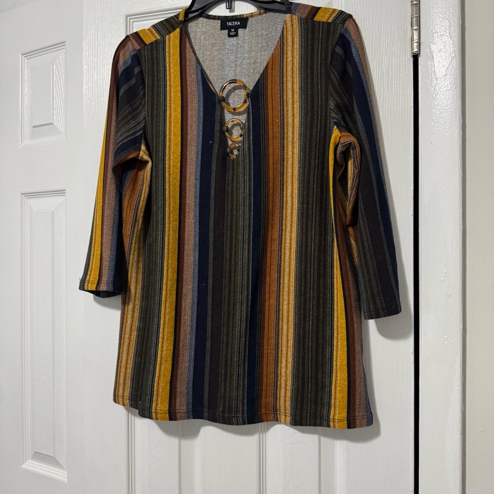 Tacera‎ Multicolor Striped V-Neck Tunic with Ring Accents